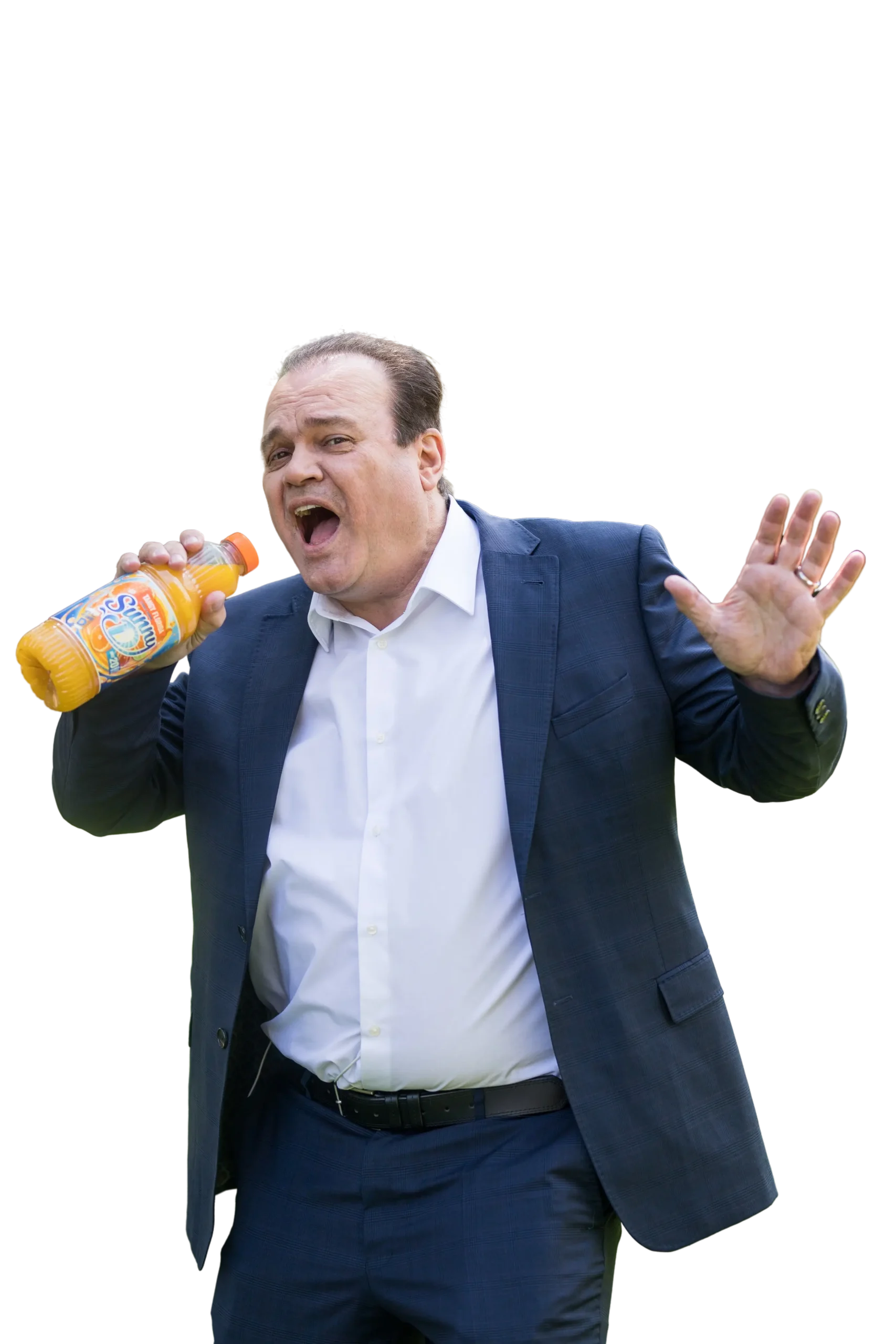 A person in a suit holding a bottle of juice